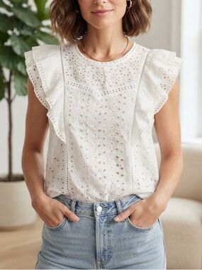 Good Hart White Eyelet Ruffle Sleeve Blouse Top Small Boho Summer Cottagecore